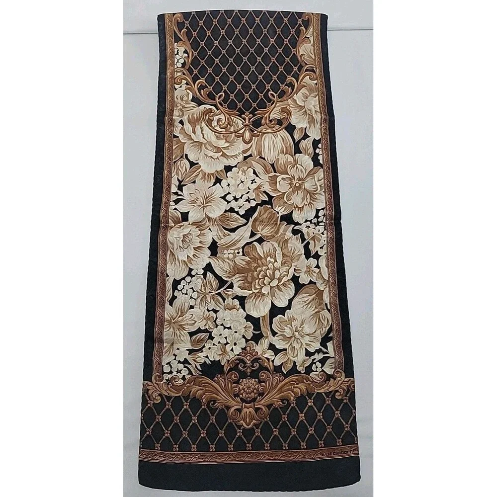 Vintage Liz Claiborne Silk Scarf Oblong Black Gold Baroque Floral Lattice Long